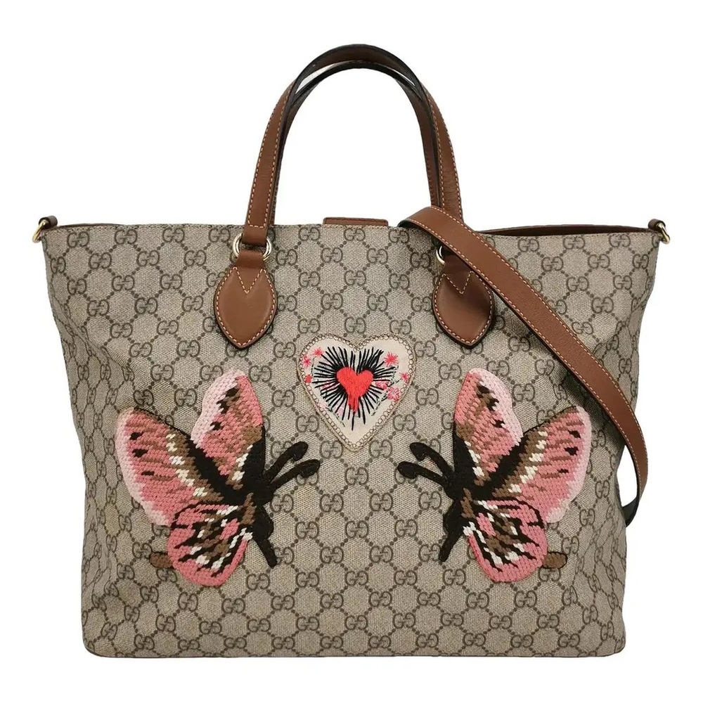 Auth Gucci Limited Edition Butterfly Heart Embroidered Soft GG Supreme Tote